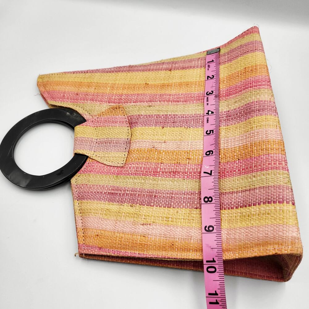Geometric Rainbow Structured Striped Handbag Tote Bag with Wooden Handles - Picture 12 of 12
